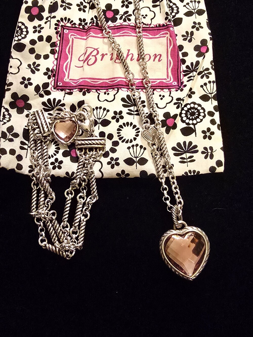 Brighton Beautiful Silver Heart Necklace and Bracelet with Peach-Pink Crystal